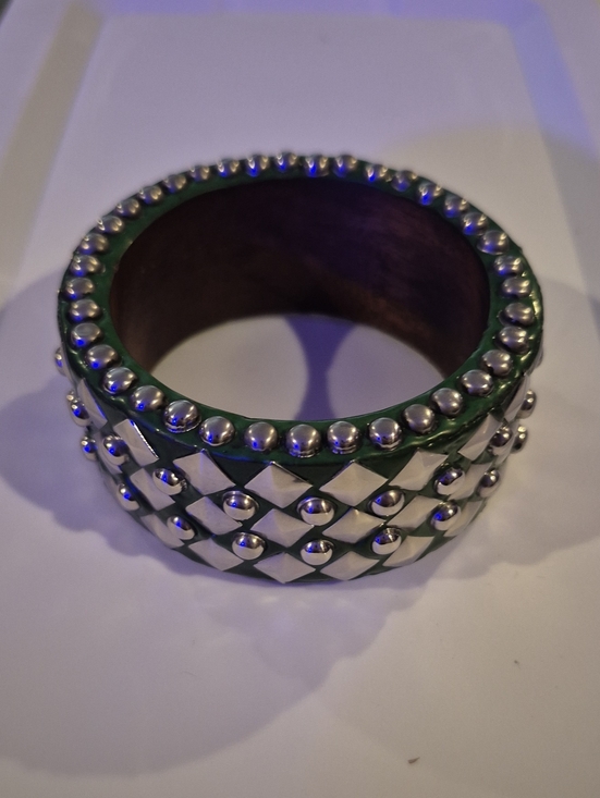 Jewelry - Handmade Wooden Green Studded Wide Bangle Bracelet - Women Accessories